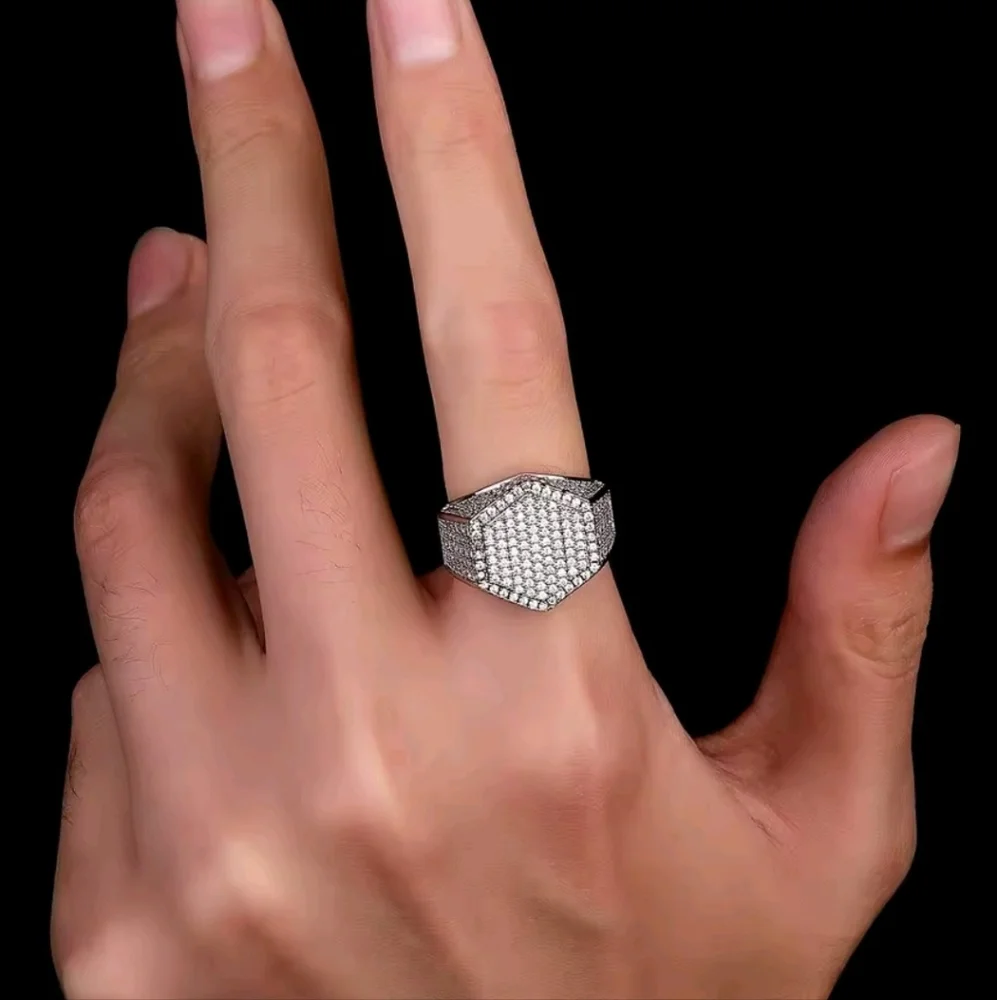 Modern Men's Silvery Hexagonal Diamond Ring Sz 13